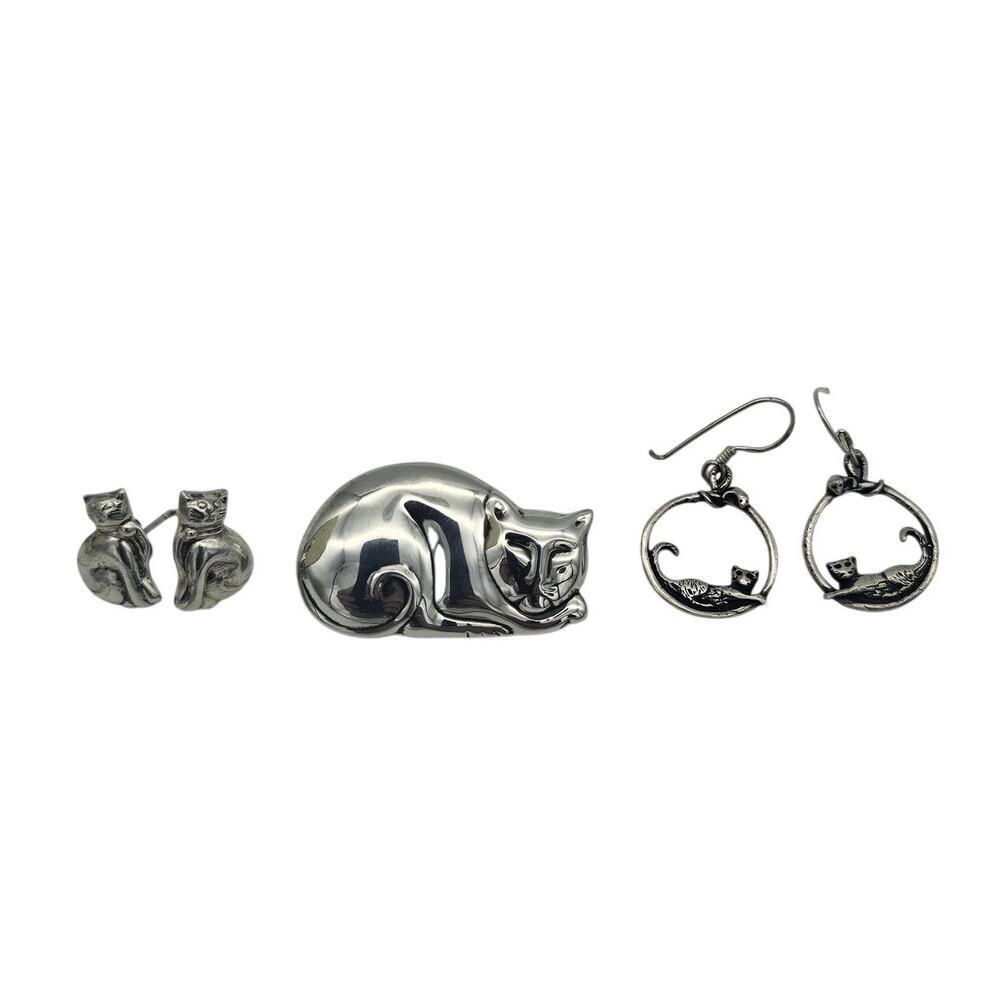 Vintage Sterling Silver Kitty Cat Lot 2 Pairs of Earrings and Brooch